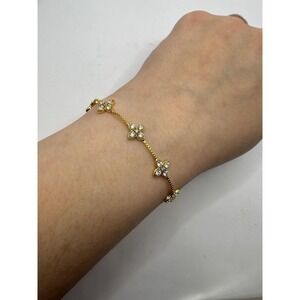 Gold Tone Floral Slider Bracelet – Adjustable Dainty Rhinestone Bracelet